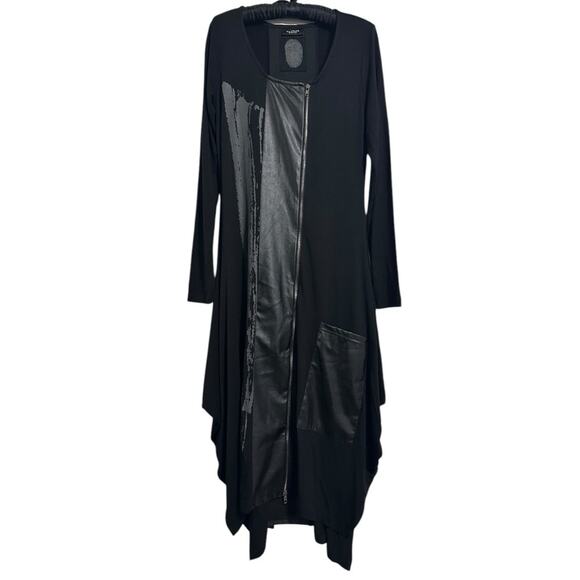 NÖR Denmark Midi Dress size US 2 Black Jersey Full Zip-up Faux Leather Panels - Picture 16 of 16